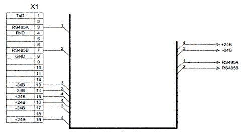 Электрическая схема кабеля для подключения ДВЭС-1 при использовании стандарта RS485